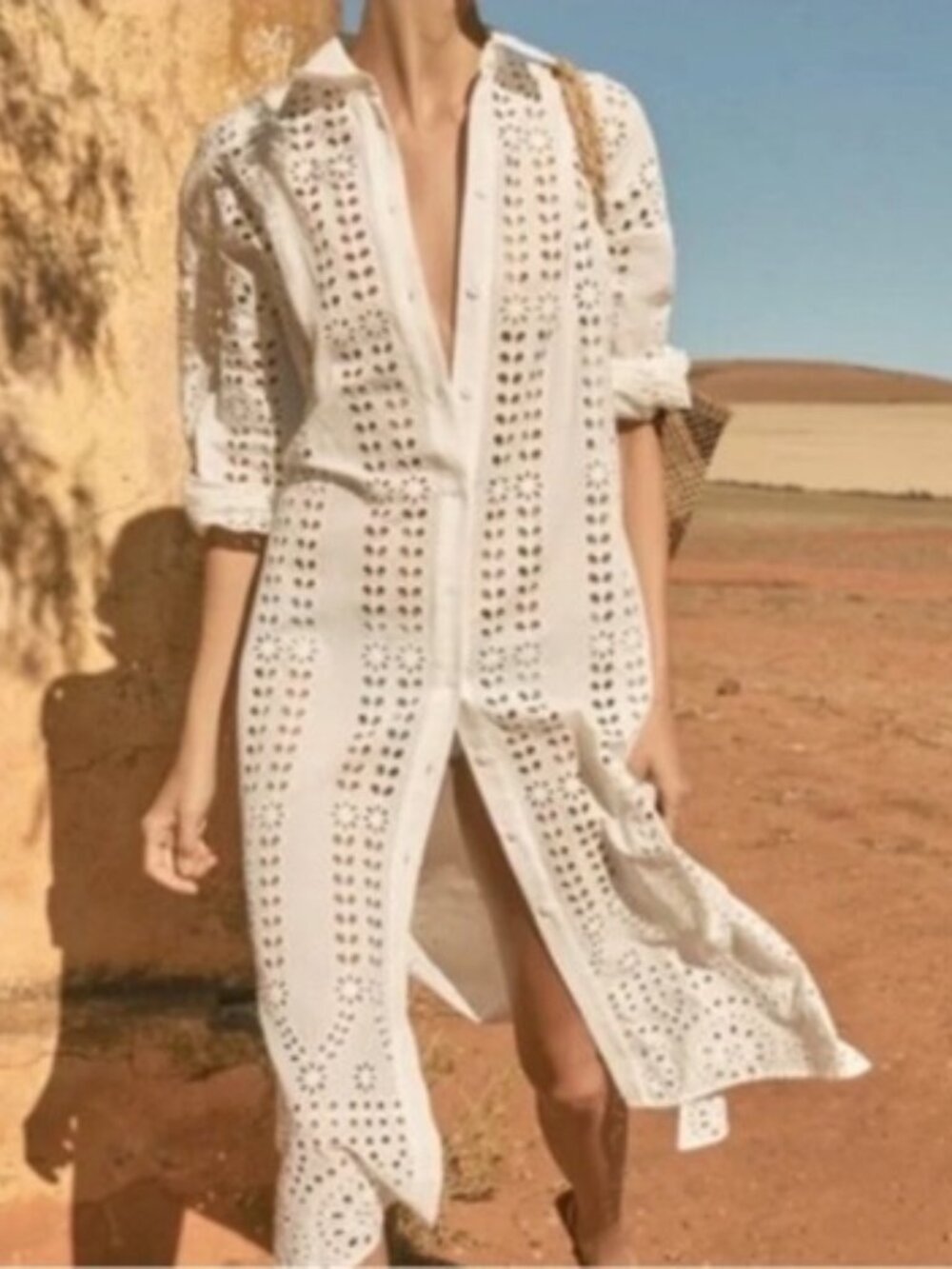 ZARA Open Embroidered White Shirt Dress Midi Small
